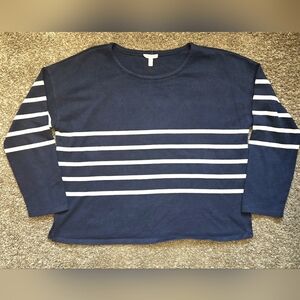 Eileen Fisher Navy And White Striped Organic Cotton Knit Sweater Size Large